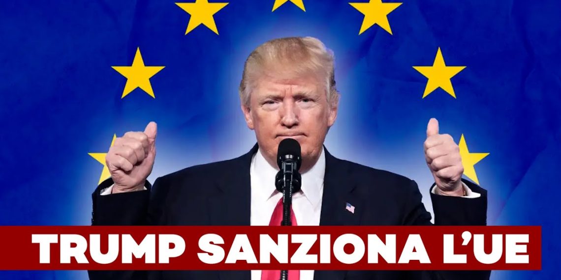 Trump alza entrambi i pollici con alle spalle la bandiera dell'Unione europea