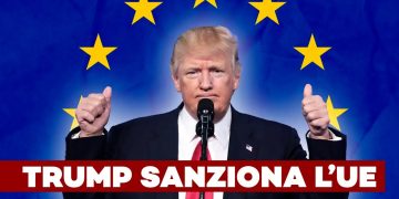 Trump alza entrambi i pollici con alle spalle la bandiera dell'Unione europea