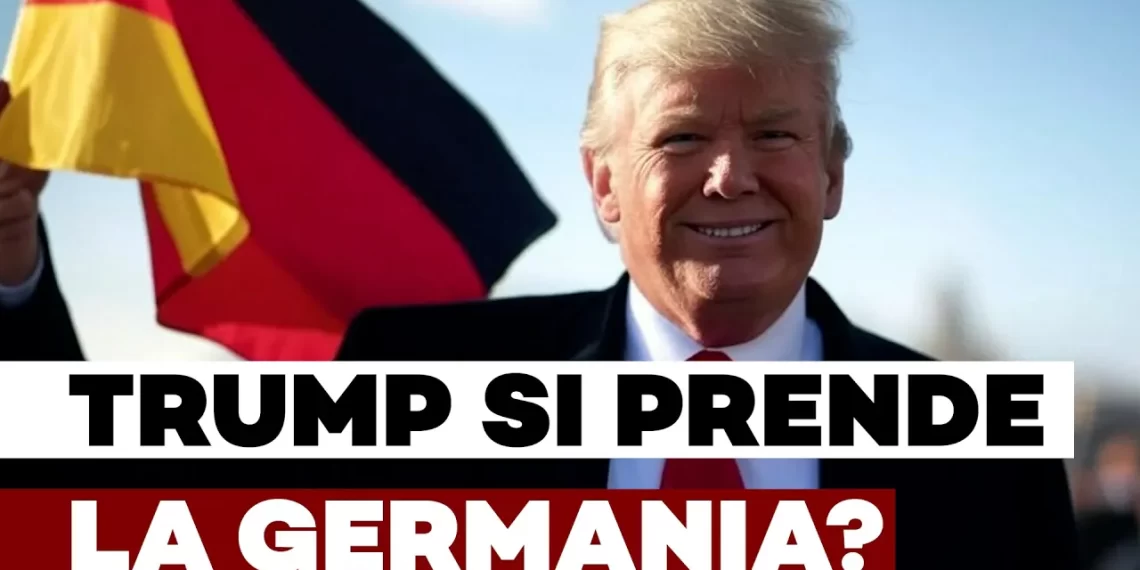 Trump sorridente con lo sfondo della bandiera tedesca, germania