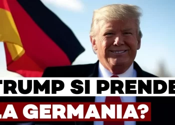 Trump sorridente con lo sfondo della bandiera tedesca, germania