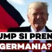 Trump sorridente con lo sfondo della bandiera tedesca, germania