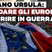 Bandiera dell'Ue e della Francia fra le macerie di un bombardamento