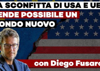 Bandiere dell'Ue e degli USA con Diego Fusaro