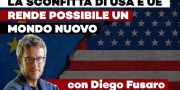 Bandiere dell'Ue e degli USA con Diego Fusaro