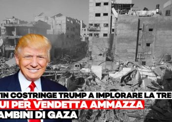 Donald Trump con le macerie di Gaza alle spalle