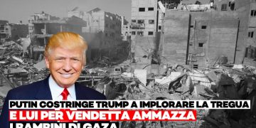 Donald Trump con le macerie di Gaza alle spalle