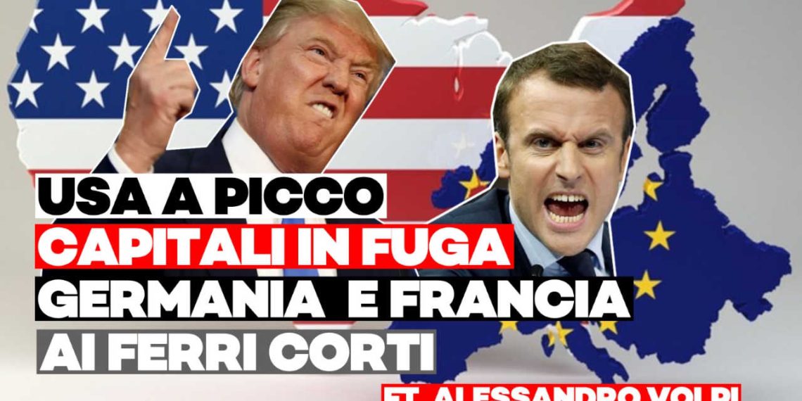 Donald Trump e Emmanuel Macron con la mappa degli Stati Uniti sullo sfondo