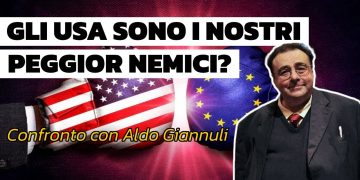 Due guantoni da boxe, uno americano e uno europeo, con Aldo Giannuli in primo piano