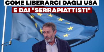 Michele Serra con la bandiera Ue sullo sfondo