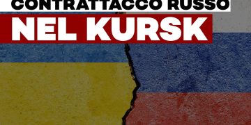 Muro con crepa centrale che divide le bandiere dipinte di Russia e Ucraina