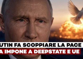 Putin con un'esplosione alle spalle dalla quale esce una colomba