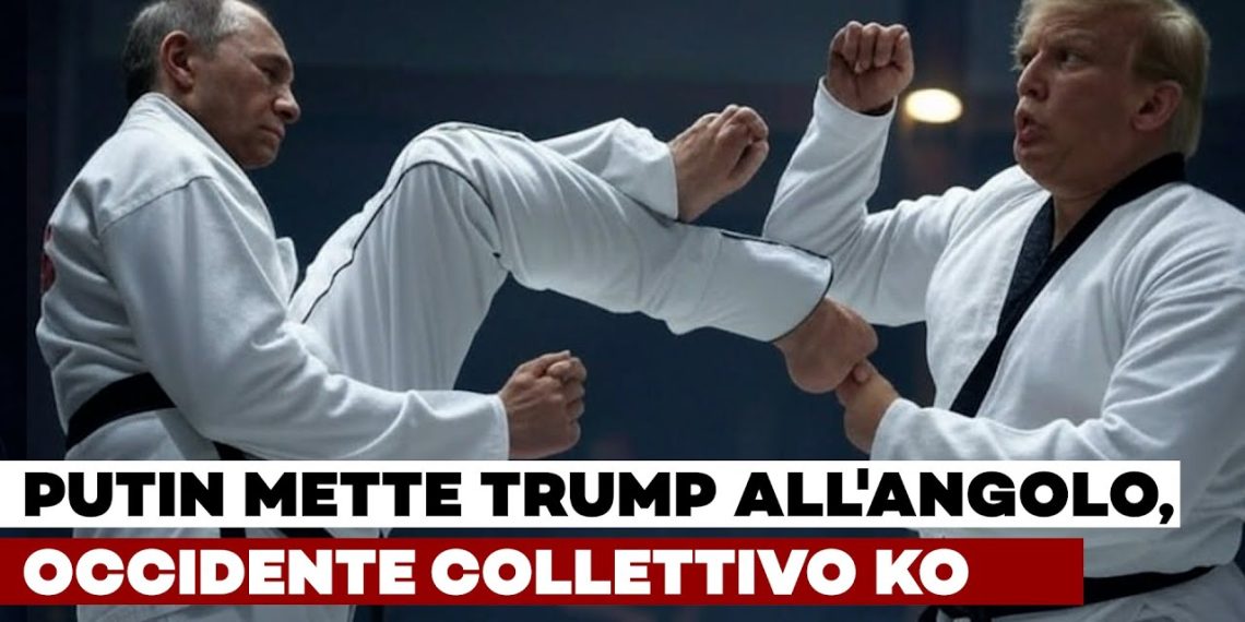 Vladimir Putin e Donald Trump lottano con abiti da arte marziale