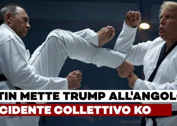 Vladimir Putin e Donald Trump lottano con abiti da arte marziale