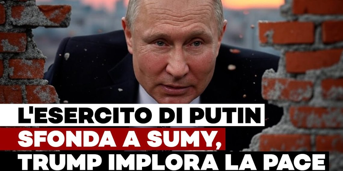 Vladimir Putin fa capolino da un muro di mattoni sfondato