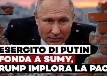 Vladimir Putin fa capolino da un muro di mattoni sfondato