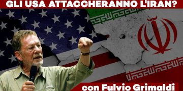 Bandiere degli USA e dell'Iran con Fulvio Grimaldi in primo piano