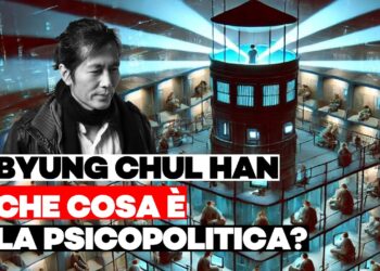 Byun Chul Han con un'illustrazione di sfondo