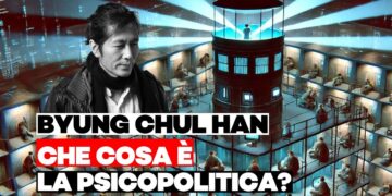 Byun Chul Han con un'illustrazione di sfondo
