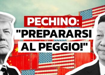 Donald Trump e Xi Jinping con container dipinti con bandiere americane e cinesi