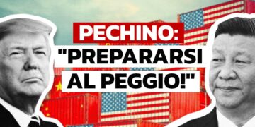 Donald Trump e Xi Jinping con container dipinti con bandiere americane e cinesi