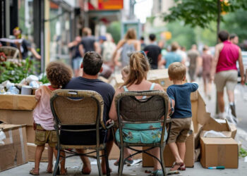 Famiglia seduta per strada