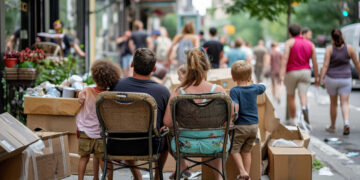 Famiglia seduta per strada