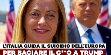 Giorgia Meloni con Donald Trump sullo sfondo