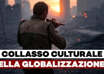 Uomo che imbraccia un'arma in una città distrutta