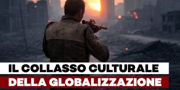 Uomo che imbraccia un'arma in una città distrutta
