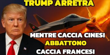 Donald Trump accanto a due droni che si scontrano