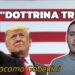 Donald Trump con una bandiera americana alle spalle. Giacomo Gabellini in primo piano