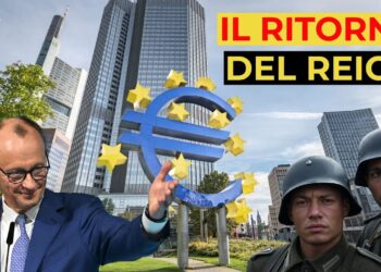 Friedrich Merz, due soldati e alle spalle un palazzo con il simbolo dell'euro
