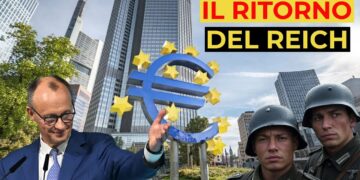 Friedrich Merz, due soldati e alle spalle un palazzo con il simbolo dell'euro