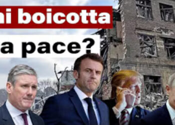 Keir Starmer, Emmanuel Macron e Vladimir Putin con case in macerie sullo sfondo