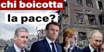 Keir Starmer, Emmanuel Macron e Vladimir Putin con case in macerie sullo sfondo