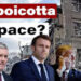 Keir Starmer, Emmanuel Macron e Vladimir Putin con case in macerie sullo sfondo