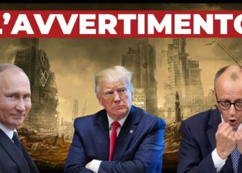 Londra in macerie. In primo piano Vladimir Putin, Donald Trump e Friedrich Merz