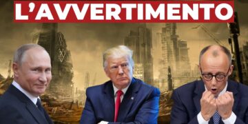 Londra in macerie. In primo piano Vladimir Putin, Donald Trump e Friedrich Merz