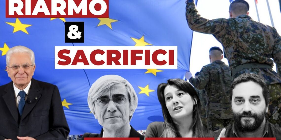Sergio Mattarella con la bandiera Ue e un soldato che la regge