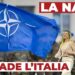 Soldato nascosto dalla bandiera della NATO, Giorgia Meloni regge una bandiera italiana