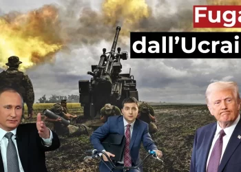 Vladimir Putin, Volodymyr Zelensky e Donald Trump. Sullo sfondo una scena di guerra