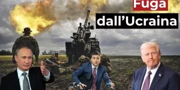 Vladimir Putin, Volodymyr Zelensky e Donald Trump. Sullo sfondo una scena di guerra