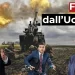 Vladimir Putin, Volodymyr Zelensky e Donald Trump. Sullo sfondo una scena di guerra