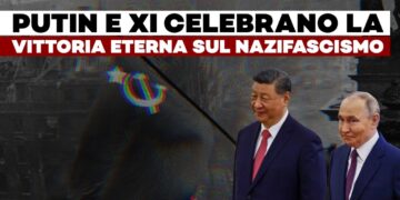 Xi Jinping e Vladimir Putin con il simbolo della falce e martello in evidenza