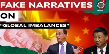 Banconota e bandiera cinese. Larry Fink e Xi Jinping in primo piano