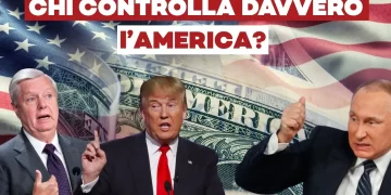 Bandiera degli Stati Uniti. Lindsay Graham, Donald Trump e Vladimir Putin in primo piano