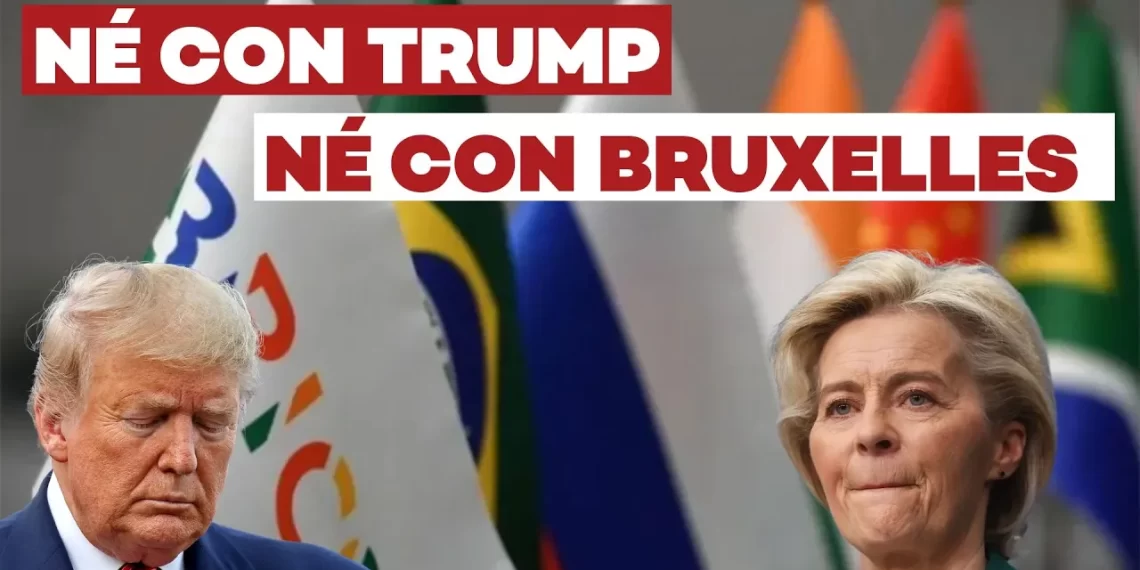 Bandiere con in evidenza quella dei BRICS. Donald Trump e Ursula von der Leyen in primo piano