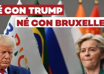 Bandiere con in evidenza quella dei BRICS. Donald Trump e Ursula von der Leyen in primo piano
