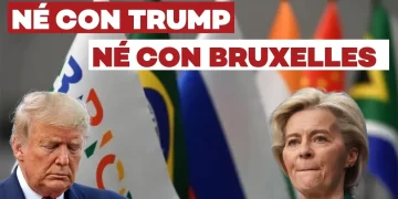 Bandiere con in evidenza quella dei BRICS. Donald Trump e Ursula von der Leyen in primo piano
