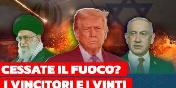 Bandiere dell'Iran e di Israele in uno scenario infuocato. In primo piano l'Ayatollah Khamenei, Donald Trump e Benjamin Netanhyau